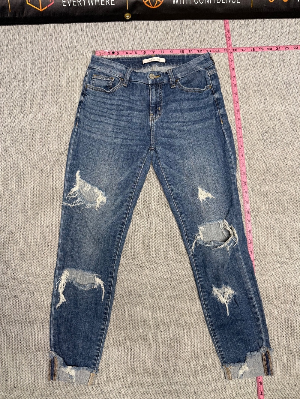Willow & Root Distressed Blue Denim Jeans with Raw Hem 26